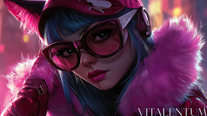 Cyberpunk girl wears neon visor and pink fur jacket