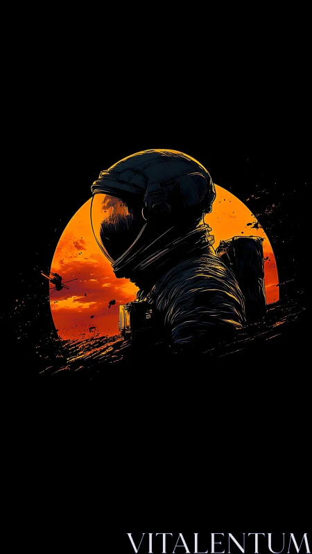 Solitary astronaut silhouette against burning orange sunset sphere