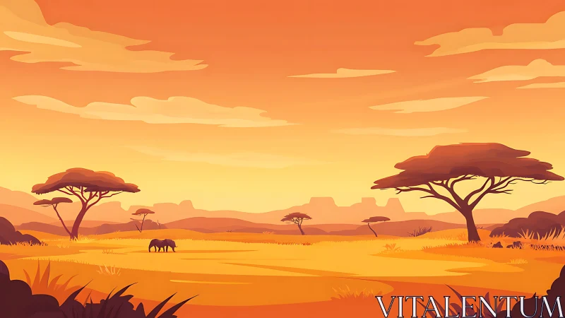 Savanna landscape shows acacia trees and a grazing animal