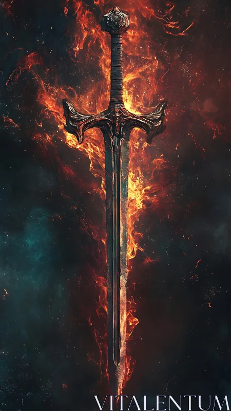 Flaming greatsword suspended in dark infernal smoke.