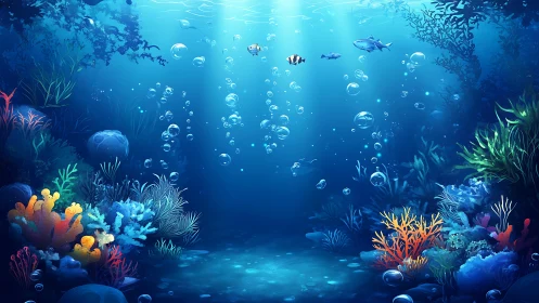 Digital illustration of underwater coral reef with fish life.