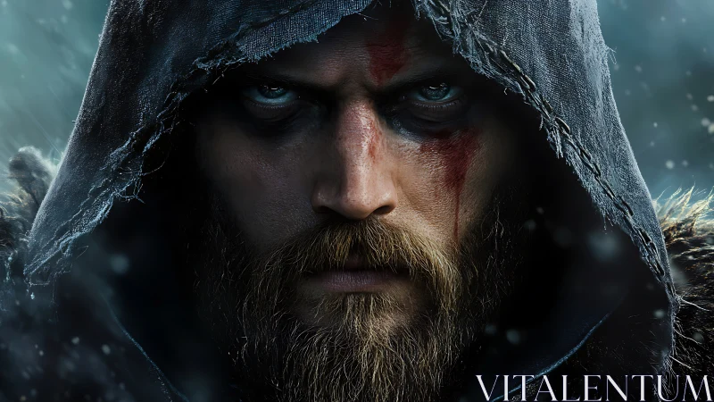 Storm-eyed warrior in a tattered hood stares down fate.