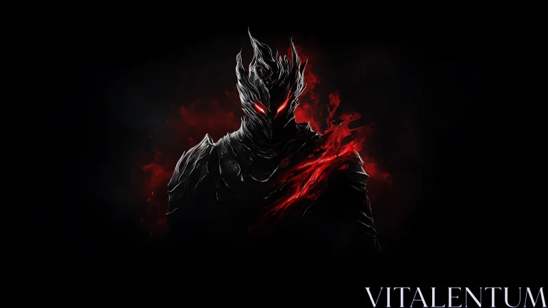 Armored dark figure with glowing red eyes and energy slash