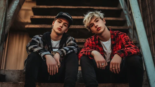 Urban stairwell portrait shows two teens in plaid streetwear