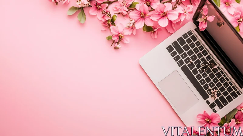Aluminum laptop with pink blossoms on pastel background forms diagonal layout