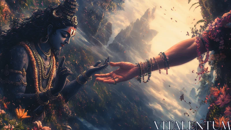 Divine exchange rendered in high detail within misted valley depth