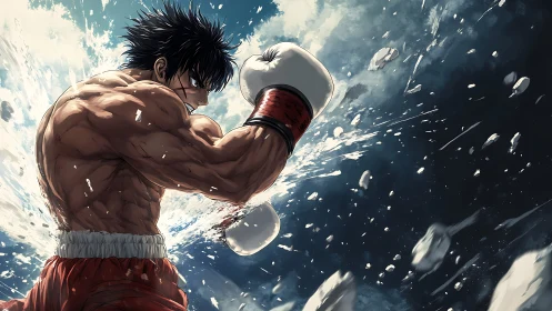 Shirtless boxer in fighting stance throws punch at incoming projectiles.