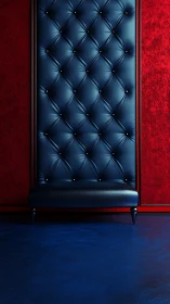 Midnight tufted leather bench against crimson textured wall.