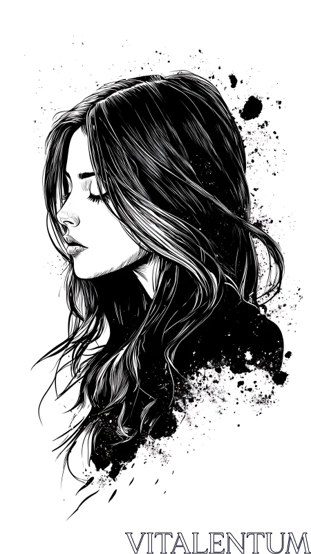 Monochrome ink portrait captures pensive female profile in motion
