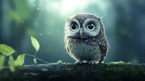 Adorable Big-Eyed Owl in Enchanted Forest, Digital Art Style.