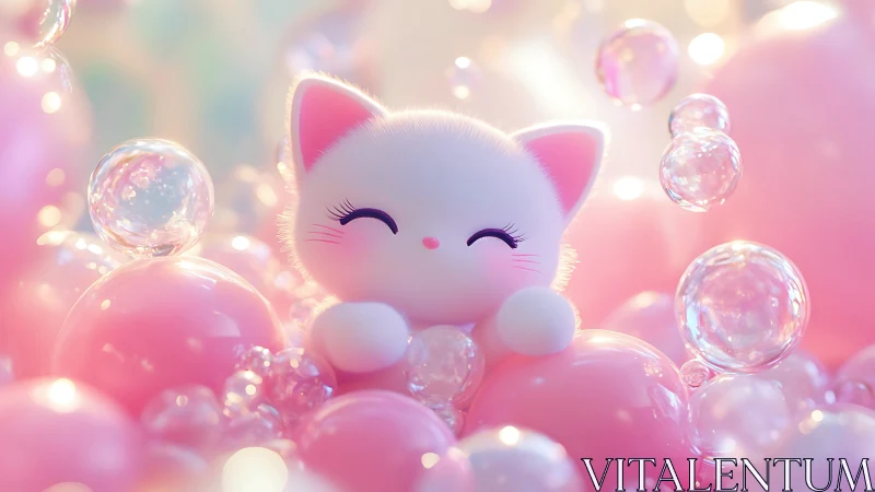 Smiling pastel kitten among soft pink bubbles.