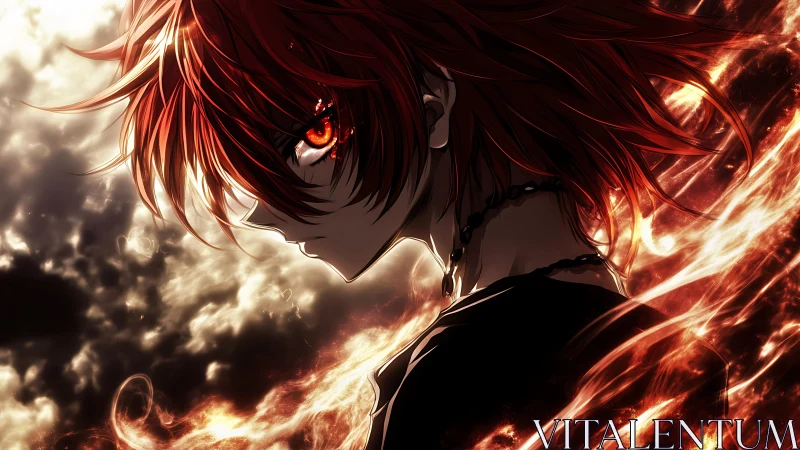 Flaming-haired anime profile isolates amid turbulent inferno clouds