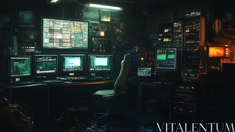 Cyber operations workstation with stacked monitors and racks.