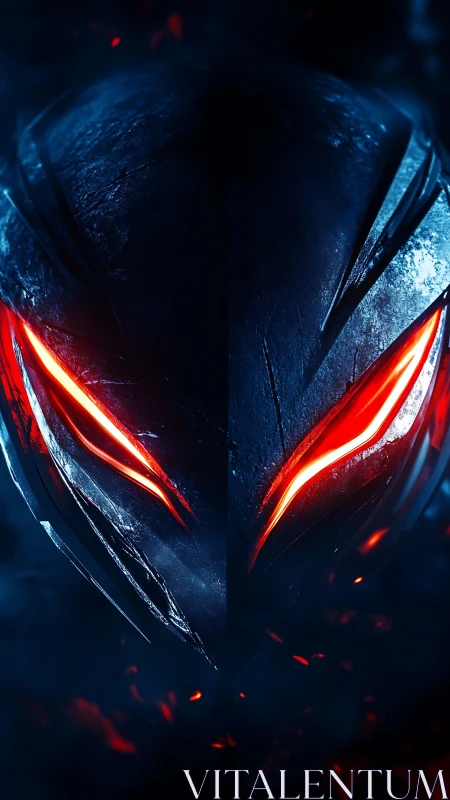 Symmetrical armored visor with emissive red slits and scorched wear