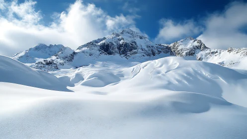 Snow-draped alpine peaks under vivid blue winter sky.