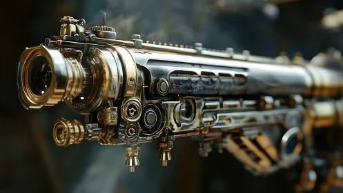 Steampunk sniper rifle gleams with ornate brass mechanics