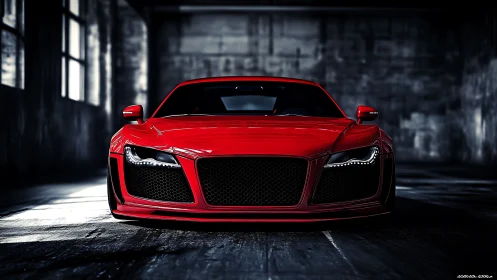 Low-slung red sports car glows in shadowy industrial garage.