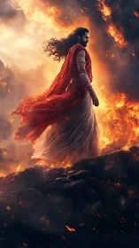 Fiery warrior walks through blazing embers with calm strength