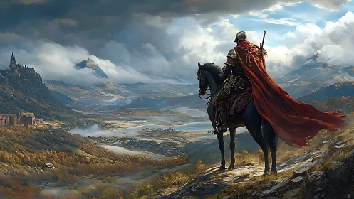 Lone armored rider gazes over a vast misty fantasy valley