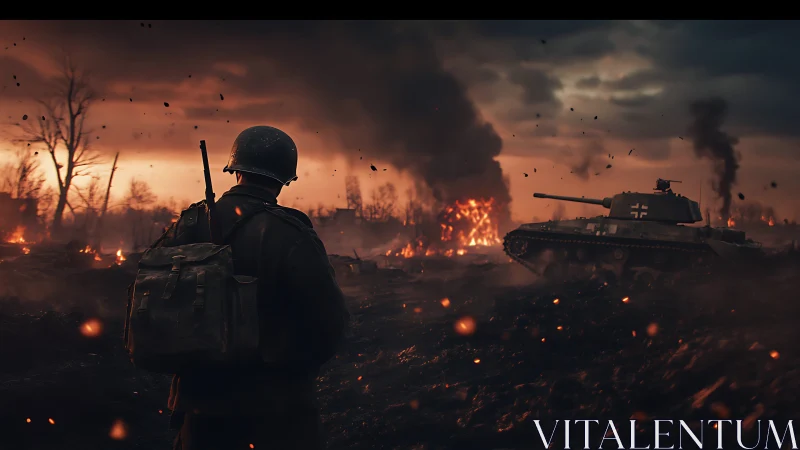 Lone soldier surveys burning battlefield under bloodred sky.