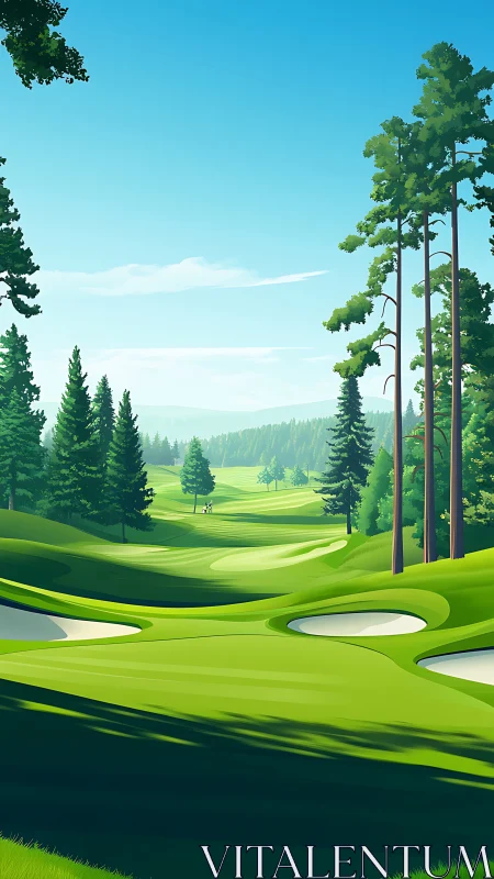 Sunlit fairways drift through towering pine guardians.