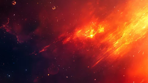 Fiery cosmic nebula streams blaze across deep space.