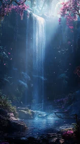 Vertical forest waterfall descends into a shaded rock pool