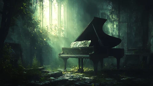 Grand piano decays under volumetric light in overgrown ruin