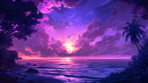 Vivid tropical sunset floods tranquil ocean horizon with light