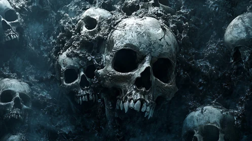 Skulls emerge from eroded stone in a chilling dark void.
