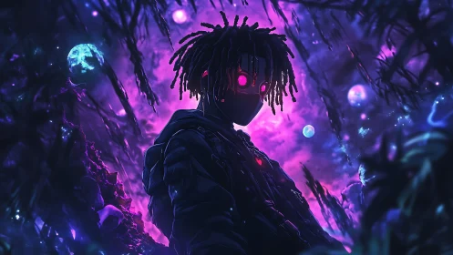 Neon-eyed cyber wanderer in bioluminescent cosmic jungle.