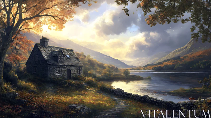 Stone cottage beside autumn lake under cinematic backlight