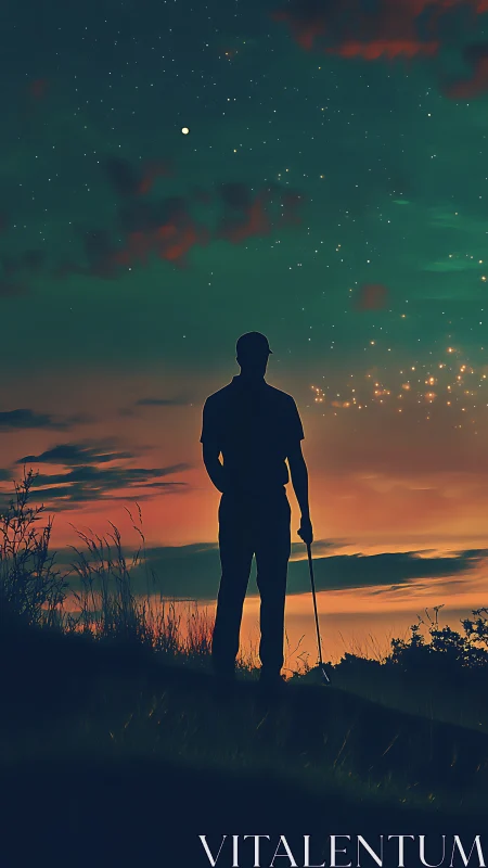Silhouetted golfer observes star-filled twilight sky in profile