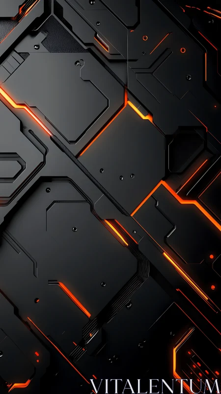 Angular black tech plates with vivid orange circuitry glow.