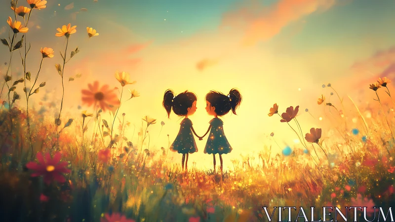 Digital Illustration: Two Silhouetted Figures Within Atmospheric Flower Field