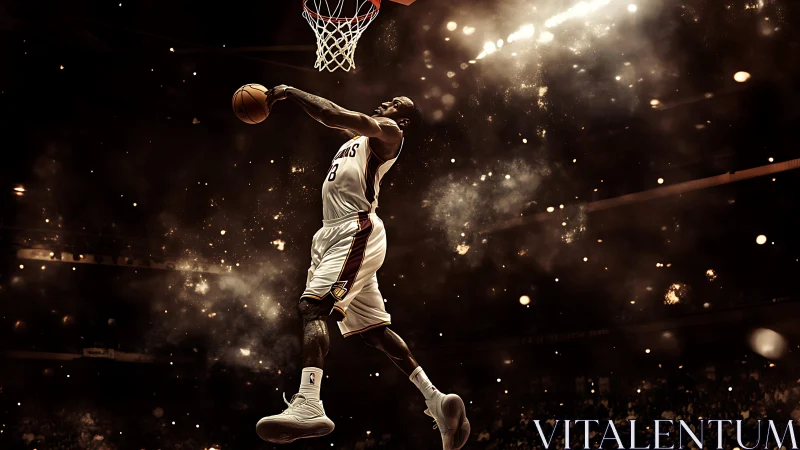 Soaring slam dunk under glowing arena lights.