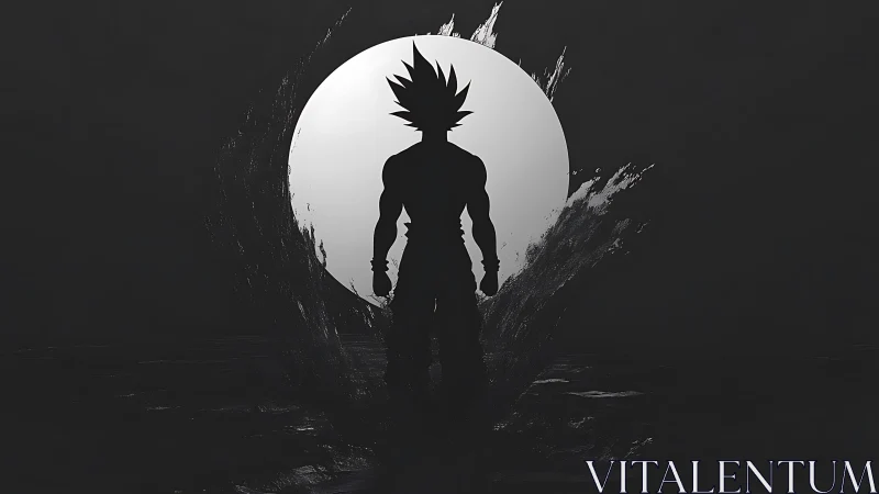 Silhouetted warrior emerges against blazing white moon.