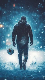 Solitary hooded figure with soccer ball in dense winter snow.