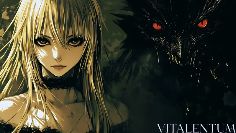 Haunting blonde girl with dark raven spirit companion.