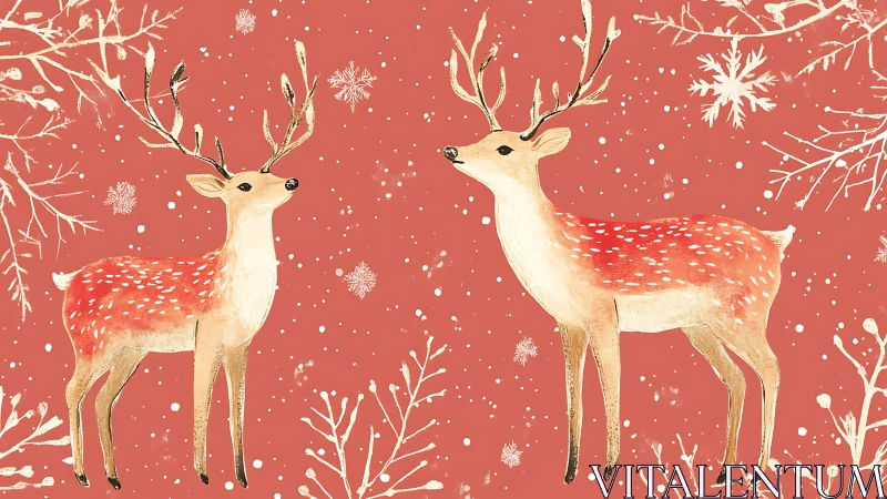 Red winter deer stand amid falling snow and branches.