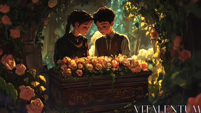 Tender garden farewell shared among glowing roses.