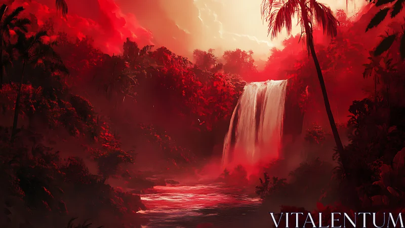 Crimson jungle waterfall hums softly beneath molten skies