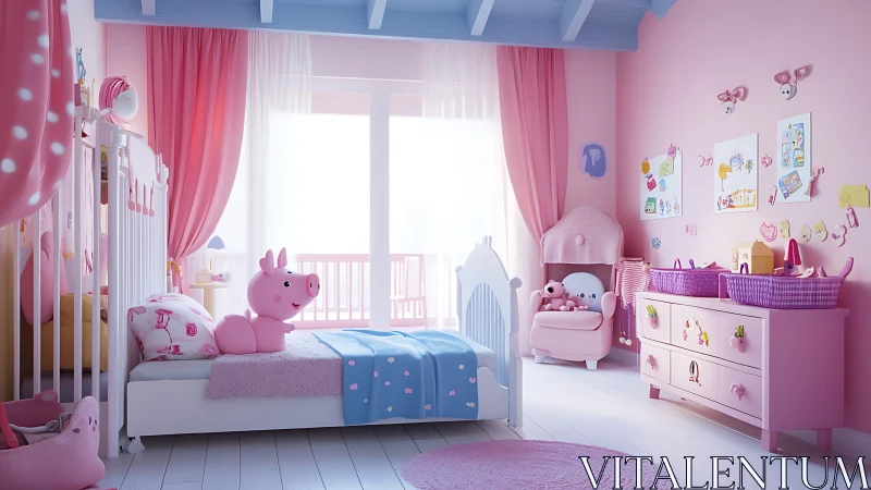 Pastel pink nursery interior with playful toy character decor.
