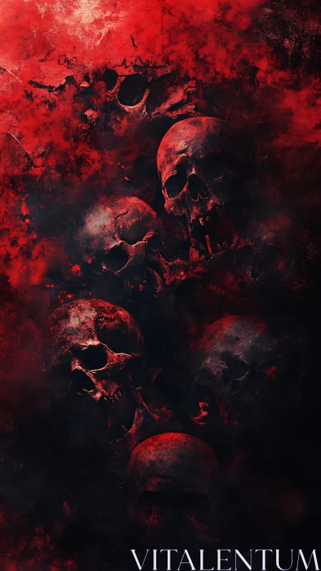 Haunting crimson skulls emerging from swirling red mist.