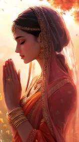 Side-profile study of praying woman in ornate embroidered sari