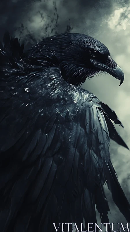 Dark raven portrait against stormy, muted cloudy sky.