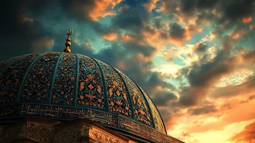 Ornate mosque dome drinks the molten colors of sunset