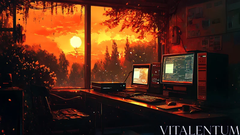 Sunlit coder&rsquo;s studio glows against a blazing forest sunset