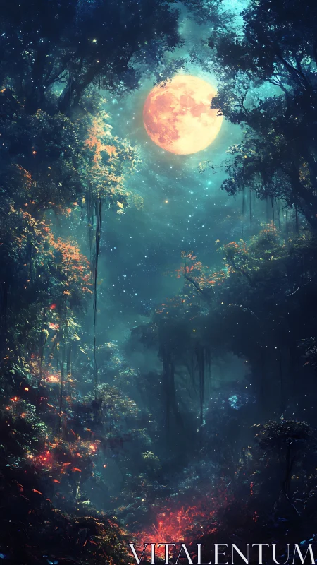 Luminous celestial body positioned centrally within dense forest canopy structure.