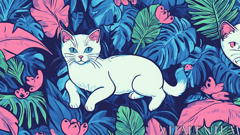 White Cat Among Vibrant Tropical Jungle Foliage
